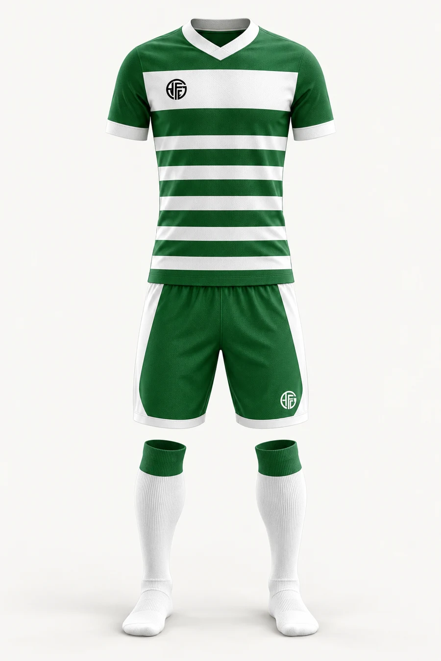 Green and white football kit with the APRAWEAR symbol